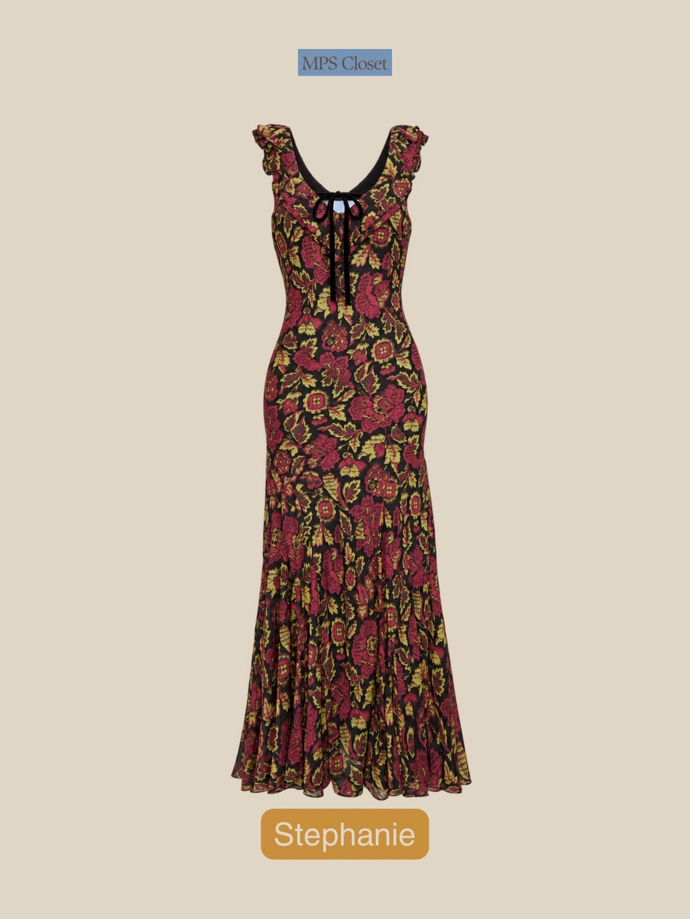 Hill House Floral Ruffle-Strap Maxi Dress in Burgundy, Olive and Black